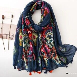 PAISLEY Tribal scarf boho blue Tassel wrap Shawl